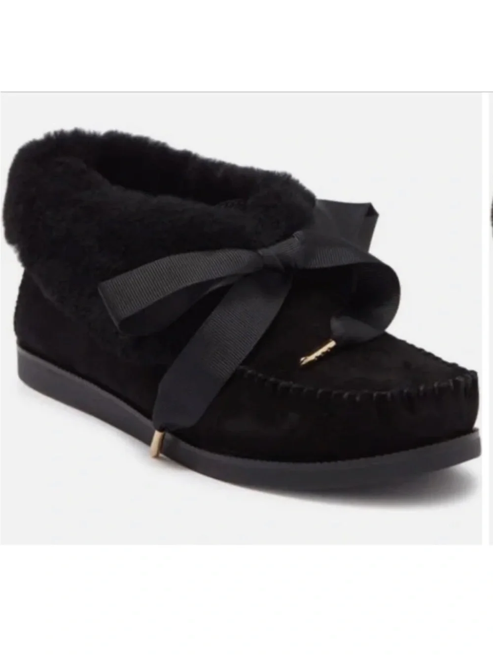 Tory Burch Aberdeen Shearling Slippers Black Suede Bow